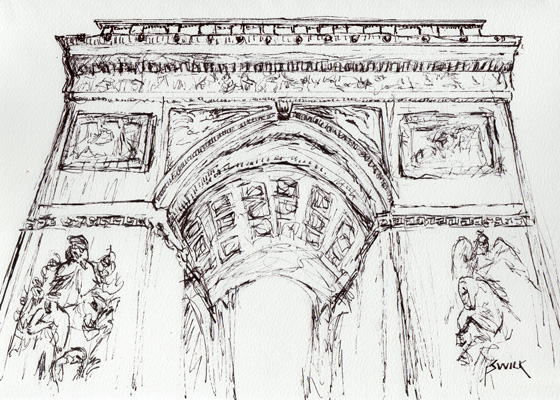 Pen Drawing of the Arc de Triomphe, Pen and Ink Drawing From France